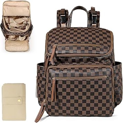 Checkered Diaper Bag Backpack Large Baby Diaper Bag Leather with 17 Diaper Bag Organizing Pouches,Changing Pad,Stroller Straps,4 Insulated Pockets, Coffee