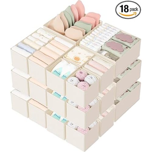 Criusia Drawer Organizer 18-Piece Set, Dresser Organizer for Baby Clothes, Foldable Closet Storage & Drawer Dividers for Underwear, Socks, Nursery (Beige)