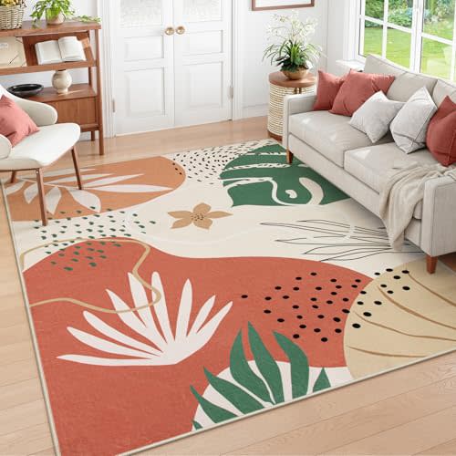 Lahome 5x7 Area Rug for Living Room, Washable Rugs 5x7 for Bedroom Soft Kids Nursery Carpet, Boho Botanical Print Non-Slip Low Pile Carpet for Office Playroom Kitchen Entryway, Coral