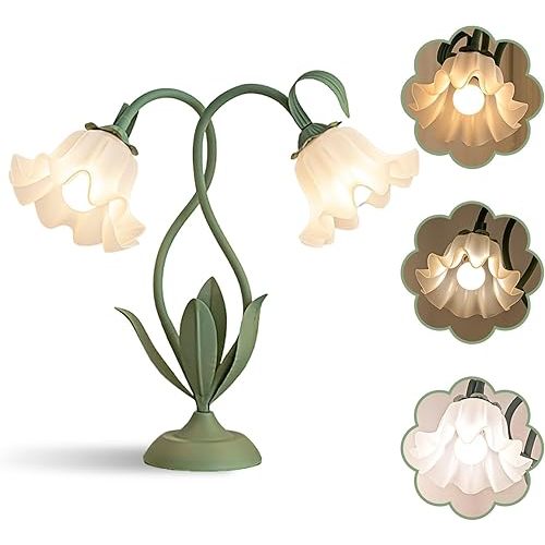 Cute Flower Table Lamp, Large Bedside Vintage Lamp with LED Bulb, 3 Colors Temperature Flower Lamp for Bedroom Living Room Bedside Desk Reading Lighting Table Lamps Home Decoration (Green)