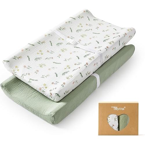 TILLYOU Muslin Changing Pad Cover for Baby Girls Boys, Soft and Breathable Cotton Diaper Changing Table Cover, 2 Pack(Daisy)