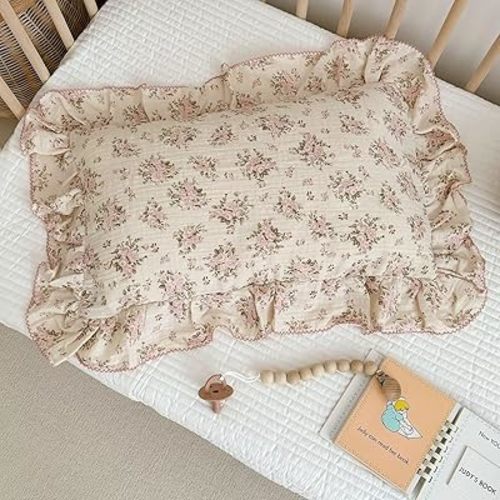 BuLuTu Muslin Cotton Toddler Pillowcases 12"x20", Pink Floral Kids Pillow Cases Fit Toddler Pillow Sized 13"x18" Soft Cotton Pillow Covers for Girls Boys Children, Envelope Closure