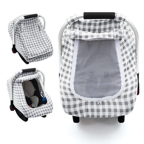 Muslin Car Seat Cover Baby, Carseat Cover with Screen Window, Baby Carrier Cover with Privacy Sun Shade, Infant Carseat Canopy for Summer, Breathable Car Seat Protector for Newborn