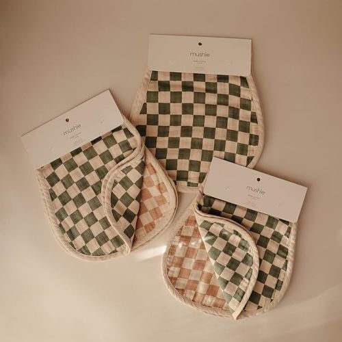 mushie Muslin Baby Burp Cloths, Set of 2 (Olive Check/Natural Check)