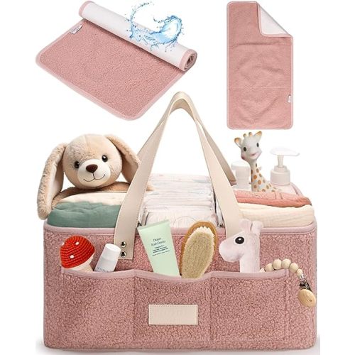 Baby Diaper Caddy Organizer with Portable Changing Mat - Teddy Fleece Diaper Organizer for Changing Table - Baby Basket for Diaper Changing Essentials - Baby Caddy Organizer with Removable Dividers