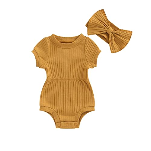 FOCUSNORM Baby Girl Summer Clothes Ribbed Short Sleeve Romper Solid Color Bodysuits Bow Headband Outfit Newborn Girl Jumpsuit