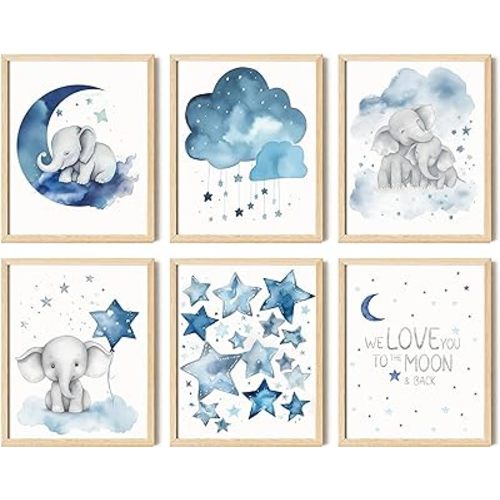 97 Decor Baby Girl Elephant Nursery Decor - Baby Boy Room Decorations for Nursery Wall Decor, Blue Moon and Stars Nursery Art Prints, Cute Elephant Poster Animal Picture for Bedroom (8x10 UNFRAMED)