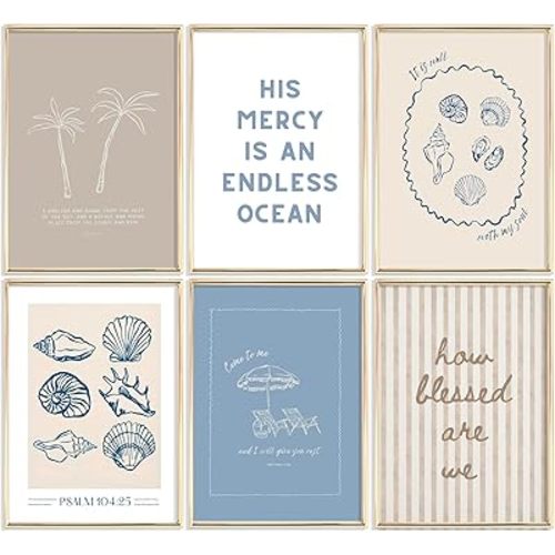 zxcvbn888 6Pcs Coastal Christian Wall Art Bible Verse Canvas Posters Beach Paintings Seashell Scripture Pictures Coastal Granddaughter Prints Preppy Wall Decor for Livingroom Bedroom Office Unframed
