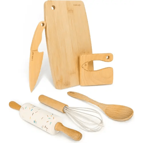 Wooden Kids Safe Knife and Kids Baking Set for Real Cooking, 6 PCS Toddler Montessori Kitchen Tools, Cooking and Baking for Kids Little Chefs