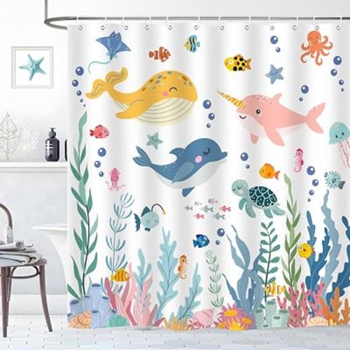 Kids Ocean Shower Curtain Cartoon Sea Turtle Whale Dolphin Fish Corals Underwater World for Boys Girls Bathroom Decor Waterproof Polyester Fabric 72Lx72W Inch with 12PCS Plastic Hooks