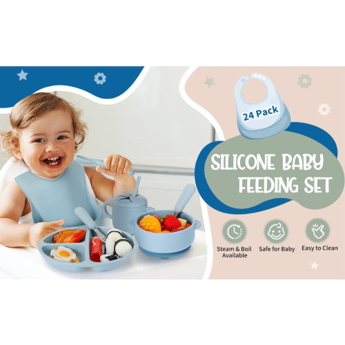 24 Pack Silicone Baby Feeding Set Baby Led Weaning Supplies Includes Suction Divided Plates Soft Bowl Spoons Forks Adjustable Bib Snack Cup and Straws for Baby Self Eating Feeding Supplies, 3 Colors - Gray Blue, Army Green, Beige