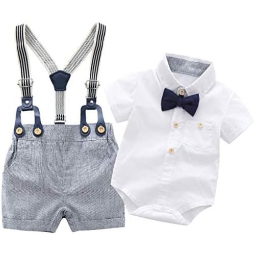 Boarnseorl Baby Boys Gentleman Outfits Shorts Sets,Infant Shirt + Shorts + Bow Tie + Suspenders