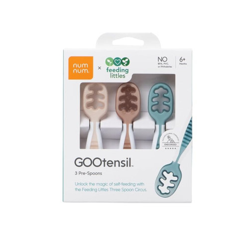 NumNum Baby Spoons Set, Feeding Littles x Silicone Pre-Spoon GOOtensils for Baby Led Weaning, Self-Feeding & Teething, First Stage Toddler Utensils for Ages 6+ Months, 3-Pack, BPA-Free (Neutrals)