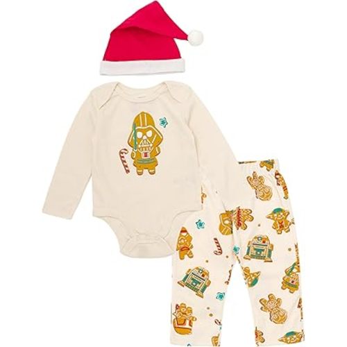 STAR WARS Christmas Baby Bodysuit, Pants and Velour Santa Hat 3 Piece Outfit Set Newborn to Infant Sizes (0-24 Months)