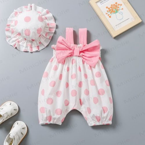 Baby Girl Pink Bow Dots Suspender Romper with Hat