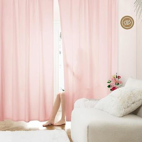 HOMEIDEAS Non-See-Through Blush Pink Privacy Sheer Curtains 52 X 84 Inches Long 2 Panels Sheer Curtains Light Filtering Window Curtains Drapes for Bedroom Living Room