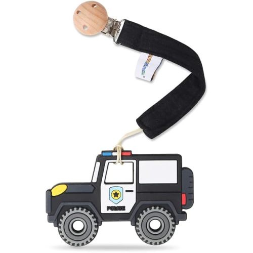 Baby Food Grade Silicone Car Teether Toy with Pacifier clip Holder,Teething Pain Relief Toys Gift Set for 3 Months+ Boys and Girls,Freezer Safe,BPA Free (Police Car, Black)