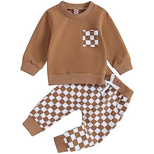Baby Boy Girl Fall Outfits Checkered Plaid Pullover Sweatshirt Top Pants Set Trendy Toddler Checkerboard Outfit