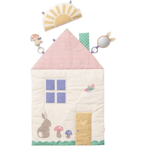 Itzy Ritzy Tummy Time Play Mat, Includes Sun-Shaped Bolster, Mirror & Crinkle Sound Toy, Pastel Cottage