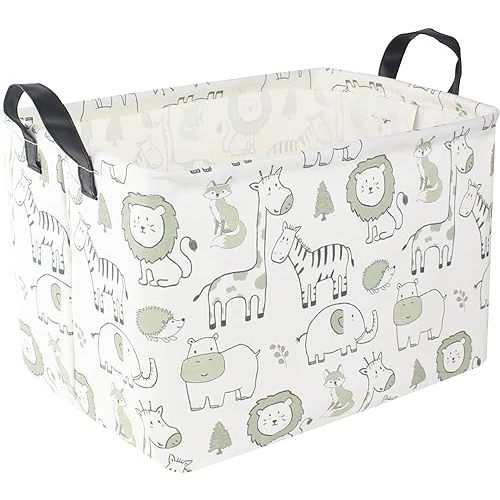 CLOCOR Rectangular Large Storage Basket,Collapsible Cute Pattern Storage Bin,Waterproof Toy Storage Box with Handles,Gift Basket Empty,Room Decor(Green Animals)