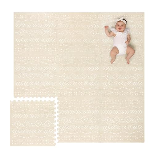 Lillefolk Stylish Foam Play Mat for Baby. Soft, Thick, Non-Toxic Playmat, Interlocking Puzzle Tiles for Tummy Time and Crawling (Beige, Large 6ft x 6ft, 9 Tiles)