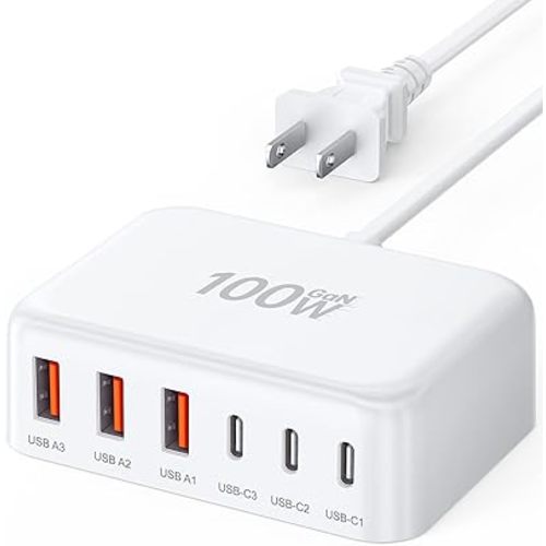 USB C Fast Charger, 100W GaN 6 Port Type Charging Station Hub Block Cube, Wall Charger Power Strip Adapter Plug for iPad iPhone 16 15 14 13 12 Pro Max Pixel Note Galaxy, 5ft Cord