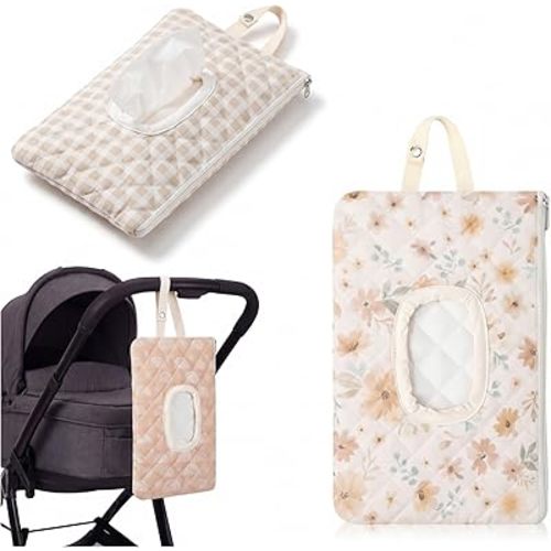 3 Pcs Boho Quilted Baby Wipes Pouch Portable Diaper and Wipe Holder Vintage Floral Plaid and Sun Refillable Wipe Container for New Parents Stroller Car Infant Nursery Travel Supplies