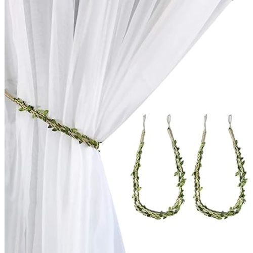Valea Home Curtain Tiebacks Ropes Natural Burlap Rope Holdbacks with Artificial Vines Fake Foliage Ivy Leaf for Rustic Wedding Party Home Decorative Curtain Holders, Set of 2