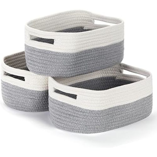 Bidtakay Small Cotton Rope Storage Baskets for Organizing 3 Pack Woven Baskets for Storage Closet Organizer Bins for Shleves 11.8×7.8×5 inch Cute Boho Decorative Basket with Handles - White&Grey