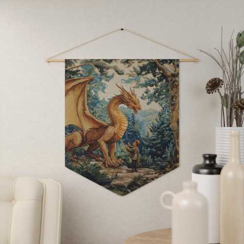 Pennant Banner, Dragon & Boy, Fantasy Dragon Wall Banner, Medieval Forest, Young Man Wall Hanging, Kid's Nursery Decor, Tapestry Inspired