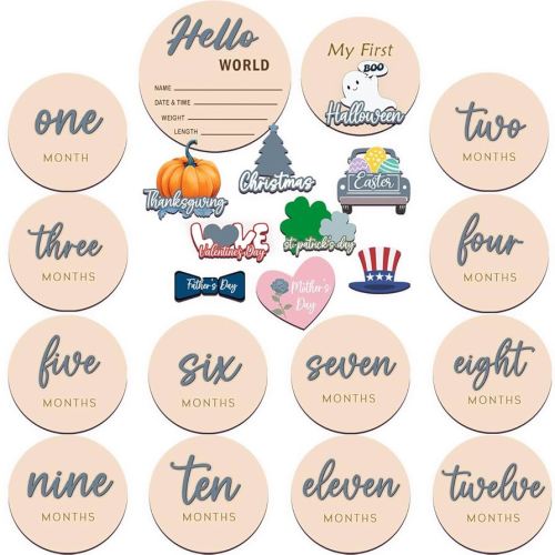Monthly Baby Milestone Maker Discs, Baby Milestone Signs for Newborn Baby, Hello World Newborn Sign for Baby Girl & Boy, Baby Announcement Sign for 1-12 Month, Milestone Wooden Circles (Blue)