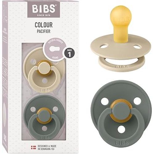 BIBS Pacifiers Colour Collection | Natural Rubber Baby Pacifier | Set of 2 BPA-Free Soothers | Made in Denmark | 0+ Months (Pack of 2) | Vanilla/Pine