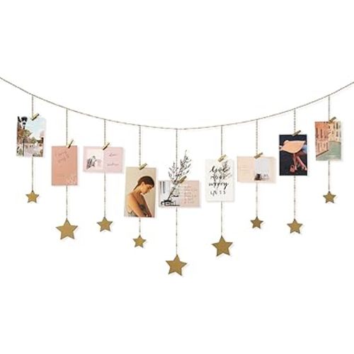 Mkono Hanging Photo Display Boho Decor Wooden Stars Garland with Metal Chains, Pictures Cards Holder with 25 Wood Clips, Wall Art for Christmas Living Room Bedroom Dorm Decor, Teen Girls Gift, Gold