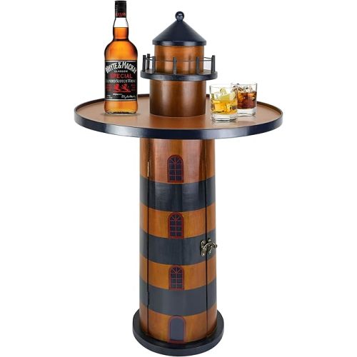 SAILINGSTORY Wooden Lighthouse Nautical Round Coffee Table Beach Coastal End Table Side Table with Storage