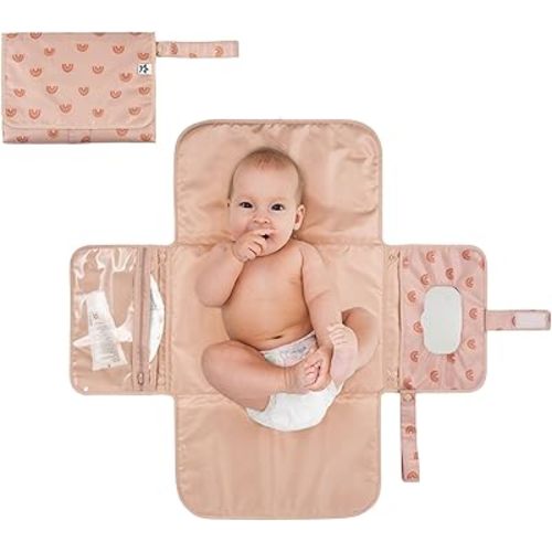 Portable Diaper Changing Pad, Foldable Waterproof Baby Change Pad for Newborn Girl & Boy with Smart Wipes Pocket (Boho Rainbow)