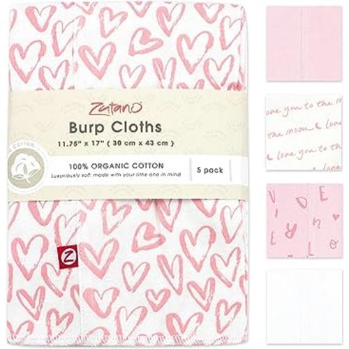 Zutano 5-Pack Organic Burp Cloths for Baby Girl & Boy, Large Cotton Burping Cloths for Babies | Absorbent Baby Spit-Up Rags | Gender Neutral Burp Clothes | Newborn Essentials, Pink Hearts