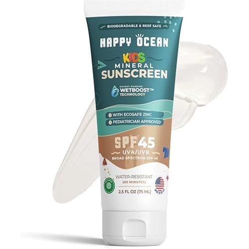 SPF 45 Reef Safe Mineral Sunscreen for Kids & Sensitive Skin with Non-Nano Zinc Oxide, Non Toxic Kids Sunscreen for Face & Body, Natural Organic Sunblock, Travel Size, Vegan 2.5 Fl Oz