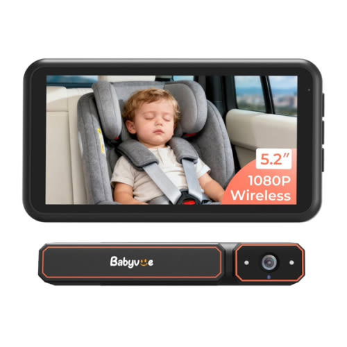 Babyvue BV6 Wireless Baby Car Camera Easy to Install, No Wiring Car Baby Monitor with HD1080P IR Night Vision, 5.2" Screen Car Seat Camera 3X Zoom for Kids