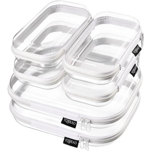 6 Pack Clear Hard Shell Beauty Organizer (2M+4S), 1.2mm Crush-Proof Cosmetic Case, Reinforced YKK Zippers, Stadium Approved Security Bag for Skincare, Toiletries & Electronics, Multi-Size Set