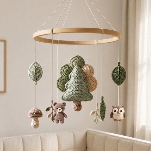 Woodland Crochet Baby Mobile, Forest Nursery Crib Mobile, Handmade Baby Shower Gift, Neutral Nursery Decor