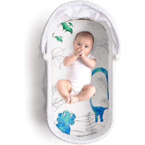 JumpOff Jo - Hypoallergenic Fitted Bassinet Sheet for Baby Boys & Girls - Rectangular, Hourglass & Oval Crib Compatible, Soft, Breathable, Machine Washable - Tiny Dino, Blue