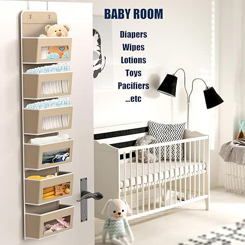 SIMPLE HOUSEWARE 6 Clear Window Pocket Over Closet Door Storage Hanging Organizer for Bedroom, Bathroom, Pantry, Beige