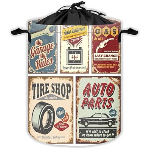Vintage Car Laundry Baskets Garage Laundry Hampers Auto Parts Tire Shop Style Auto Batteries Gas Theme Large Size X01256