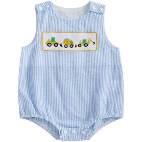 Newborn Baby Boy Construction Clothes Excavator Embroidery Sleeveless Seersucker Bubble Romper Bodysuit Summer Outfit