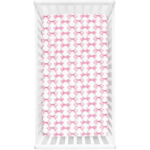 Crib Sheets for Girls and Boys, HNHUAMING Crib Sheet Fitted Fits for Standard Crib & Toddler Mattresses, Ultra Soft Breathable Baby Crib Sheets Neutral 52'' X 28'' inch Crib Sheet, Pink Bow
