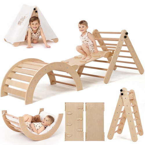 Pikler Triangle Set, RongTrading 8 in 1 Montessori Climbing Set, Wooden Climbing Toys, with Arch, Ramp, Ladder, Tent and Cushion, Indoor Jungle Gym for Toddlers 0.5-6 Years Old