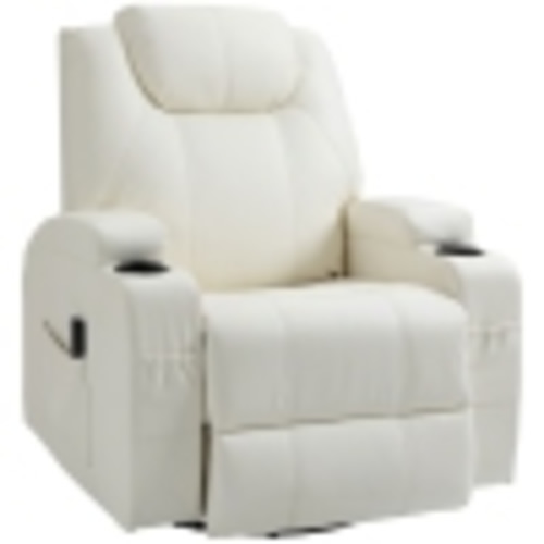 HOMCOM Massage Recliner Chair for Living Room with 8 Vibration Points, PU Leather 360° Swivel Manual Reclining Sofa Rocking Chair with Cup Holders, Side Pockets, Cream White