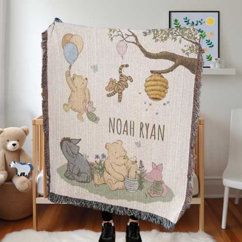 Custom Winnie the Pooh woven baby blanket, Pooh Bear Baby Shower Gift, Classic Pooh Bear Gift, New Mom baby newborn gift, baby kids name