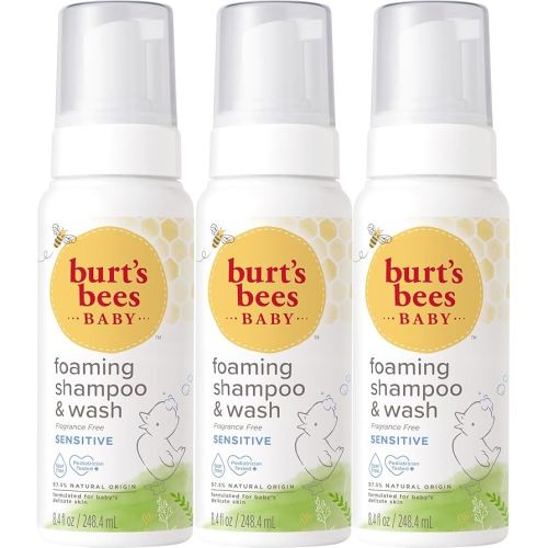 Burt's Bees Baby Sensitive Foaming Shampoo and Wash, Fragrance Free, Tear Free, Pediatrician Tested, 97.5% Natural Origin, 8.4 Fluid Ounces, Pack of 3
