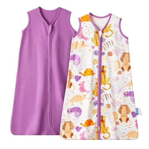 TILLYOU Sleep Sack 12-18 Months - 2 Pack Baby sleep sacks 0.5 TOG with 2-Way Zipper, Lightweight Cotton Sleeping sack, Animal graffiti &purple